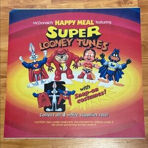 Vintage 1991 McDonald's Super Looney Tunes Happy Meal Poster Promotional Sign